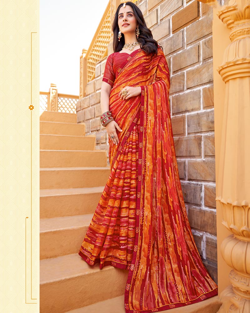 Vishal Prints Persian Red Printed Chiffon Saree With Diamond Work And Fancy Border