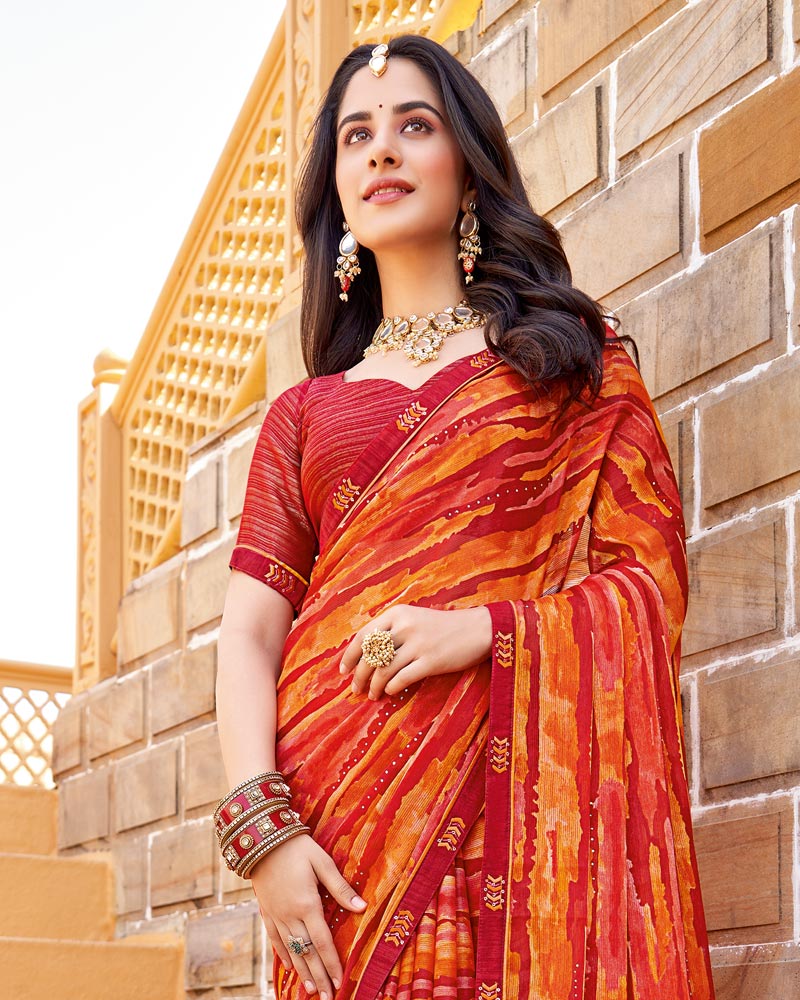 Vishal Prints Persian Red Printed Chiffon Saree With Diamond Work And Fancy Border