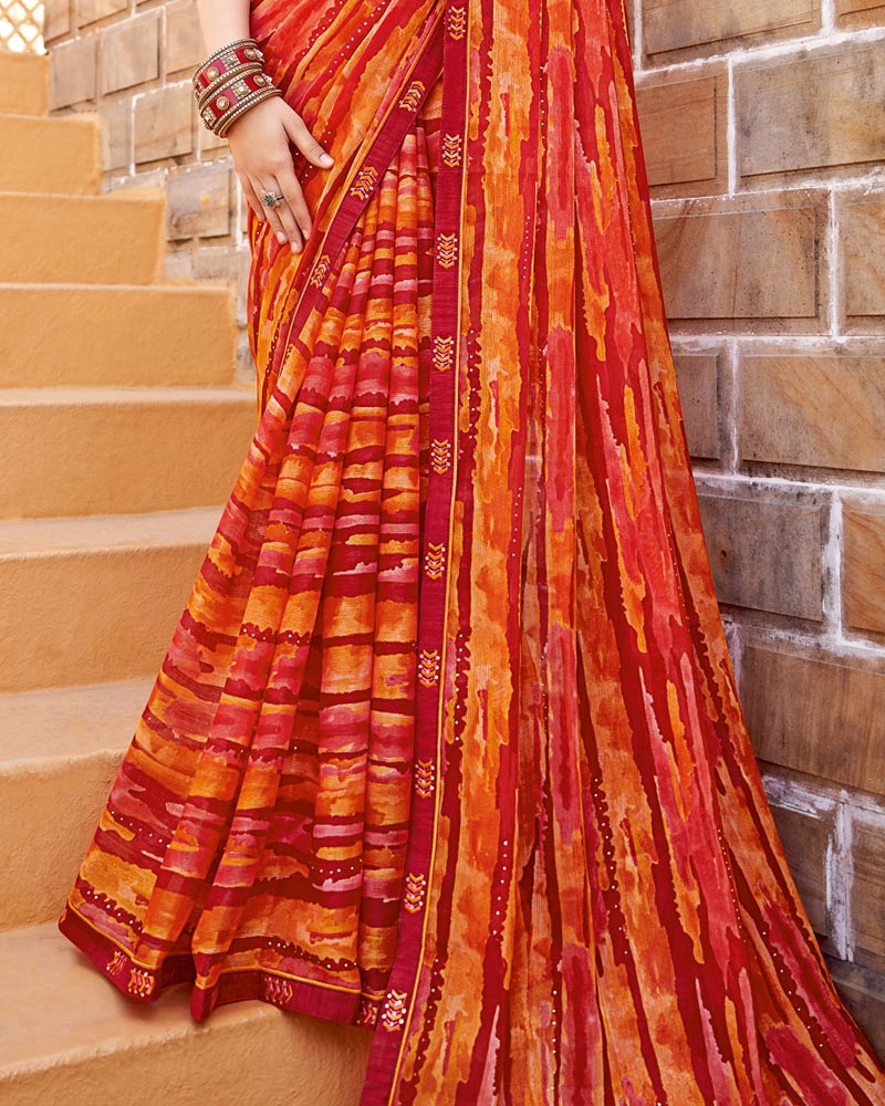 Vishal Prints Persian Red Printed Chiffon Saree With Diamond Work And Fancy Border