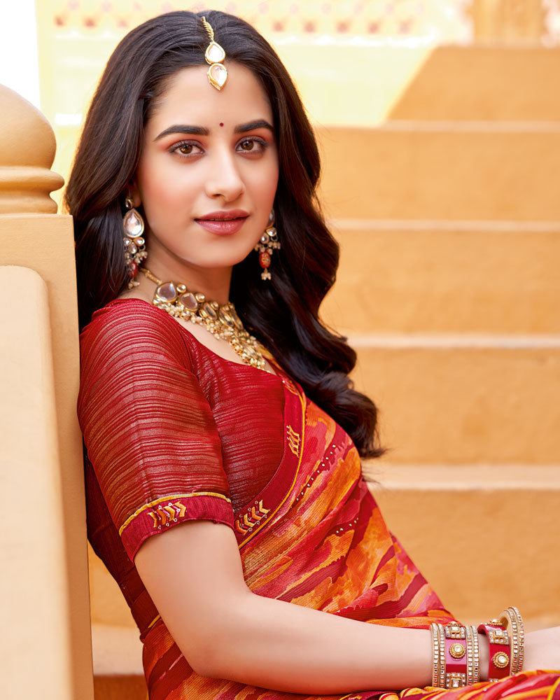 Vishal Prints Persian Red Printed Chiffon Saree With Diamond Work And Fancy Border