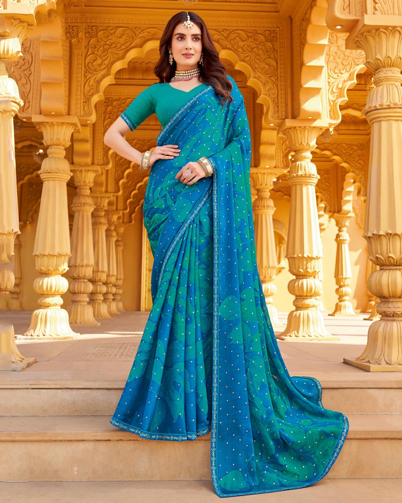 Vishal Prints Bondi Blue Printed Chiffon Saree With Foil Print And Fancy Border