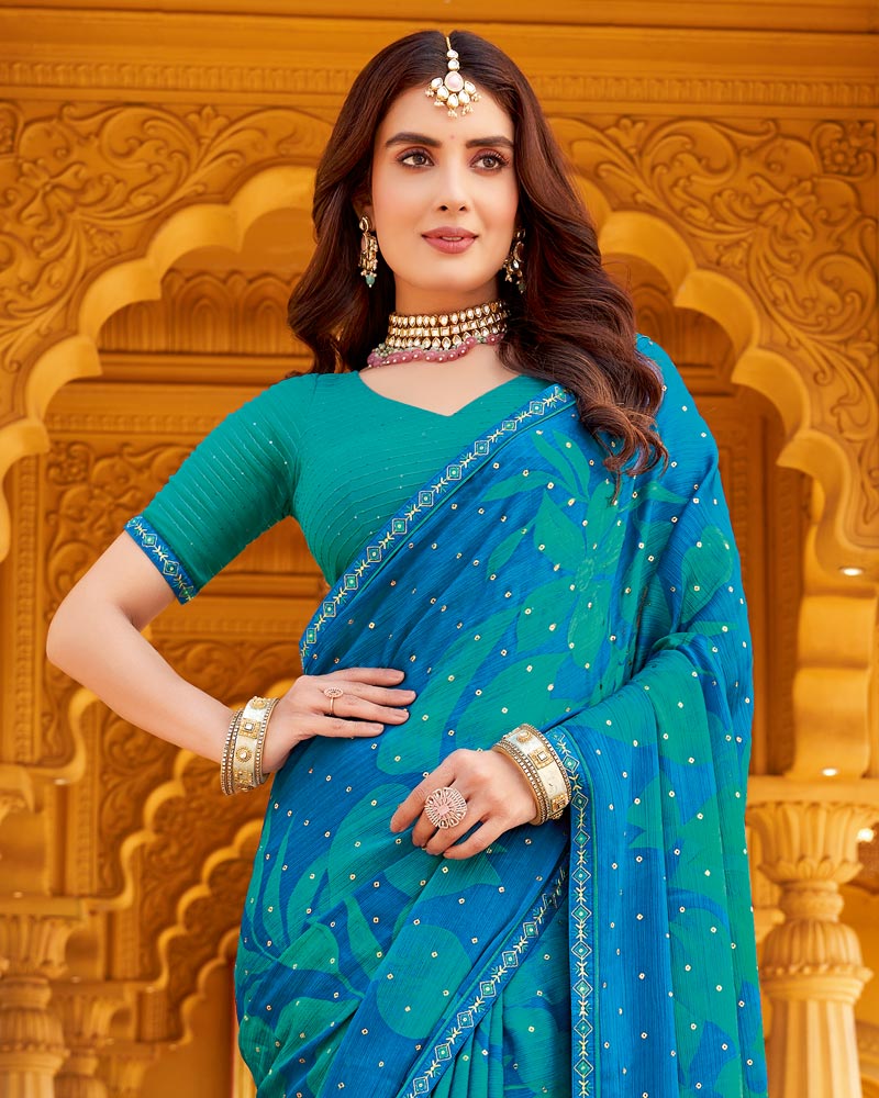 Vishal Prints Bondi Blue Printed Chiffon Saree With Foil Print And Fancy Border
