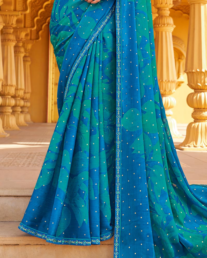 Vishal Prints Bondi Blue Printed Chiffon Saree With Foil Print And Fancy Border