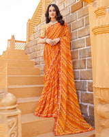 Vishal Prints Flame Orange Printed Chiffon Saree With Diamond Work And Fancy Border