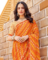 Vishal Prints Flame Orange Printed Chiffon Saree With Diamond Work And Fancy Border