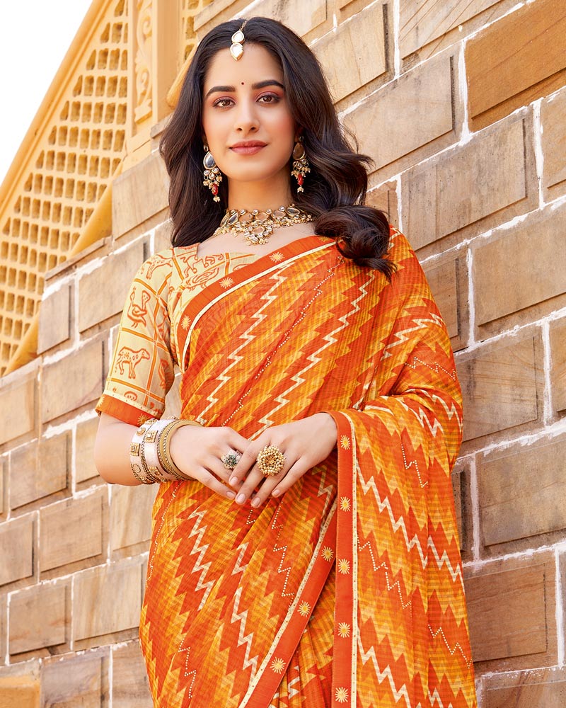 Vishal Prints Flame Orange Printed Chiffon Saree With Diamond Work And Fancy Border