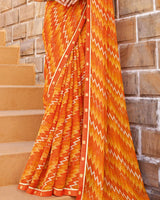 Vishal Prints Flame Orange Printed Chiffon Saree With Diamond Work And Fancy Border