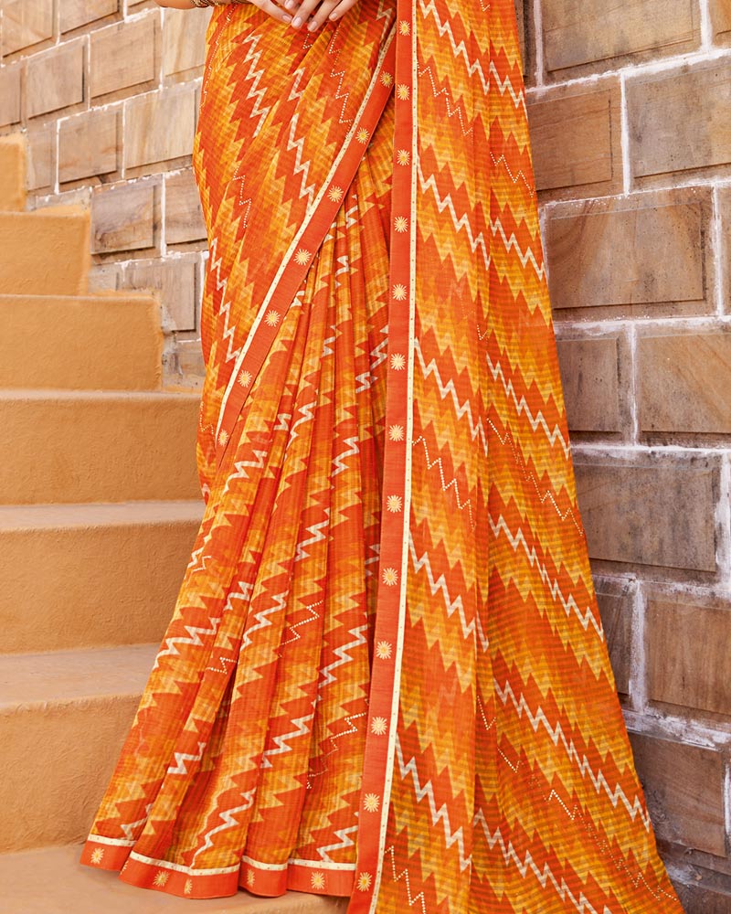 Vishal Prints Flame Orange Printed Chiffon Saree With Diamond Work And Fancy Border