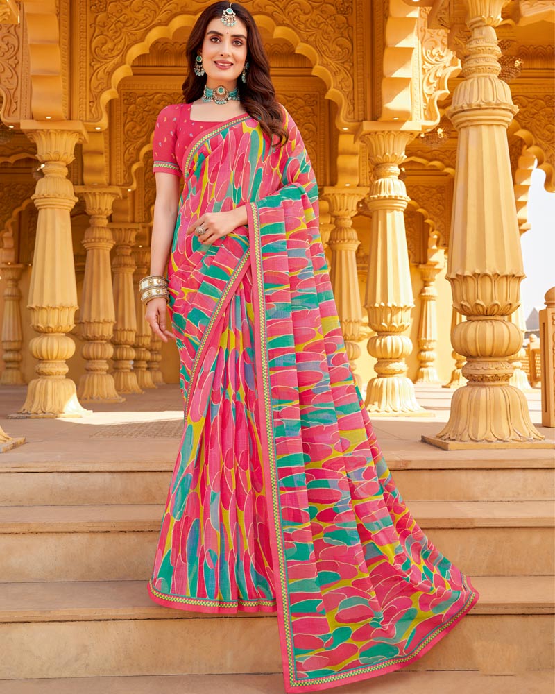 Vishal Prints Cerise Pink Printed Chiffon Saree With Fancy Border