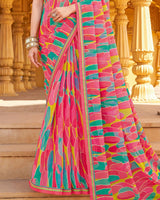 Vishal Prints Cerise Pink Printed Chiffon Saree With Fancy Border