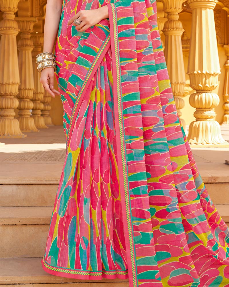 Vishal Prints Cerise Pink Printed Chiffon Saree With Fancy Border