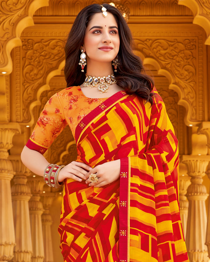 Vishal Prints Lipstick Red Printed Chiffon Saree With Fancy Border