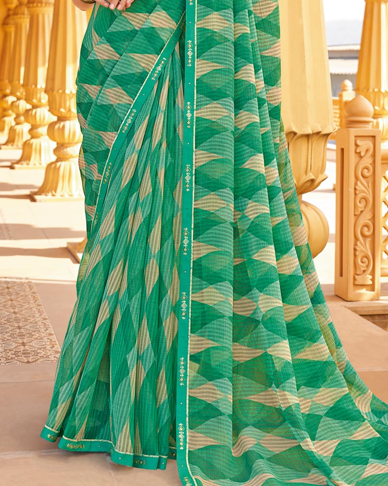 Vishal Prints Persian Green Printed Chiffon Saree With Fancy Border