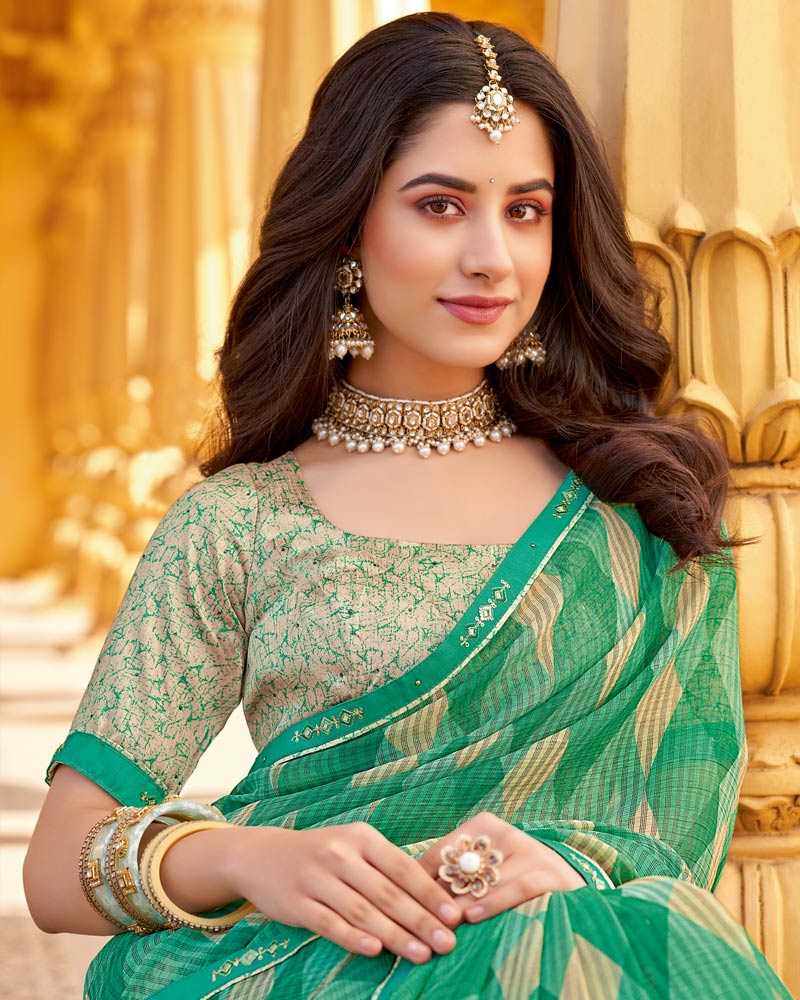 Vishal Prints Persian Green Printed Chiffon Saree With Fancy Border