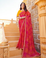 Vishal Prints Pinkish Red Printed Chiffon Bandhani Print Saree With Fancy Border
