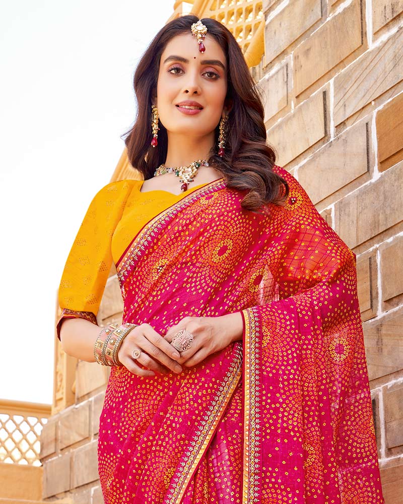 Vishal Prints Pinkish Red Printed Chiffon Bandhani Print Saree With Fancy Border