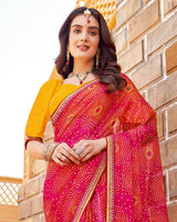 Vishal Prints Pinkish Red Printed Chiffon Bandhani Print Saree With Fancy Border