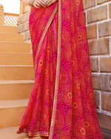 Vishal Prints Pinkish Red Printed Chiffon Bandhani Print Saree With Fancy Border