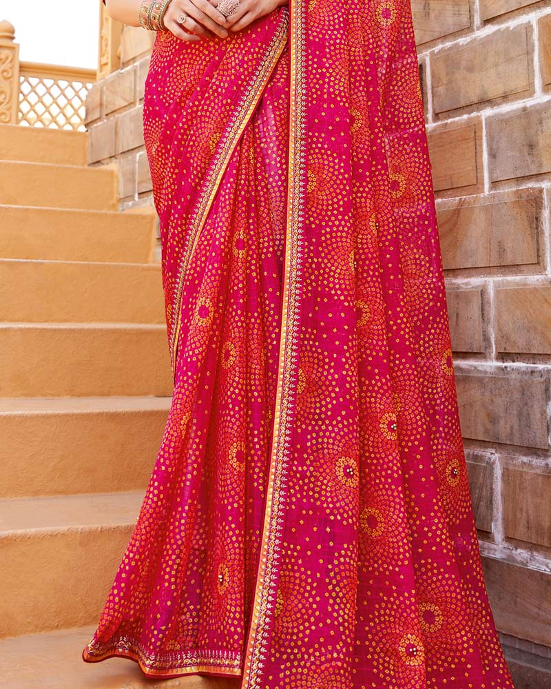 Vishal Prints Pinkish Red Printed Chiffon Bandhani Print Saree With Fancy Border