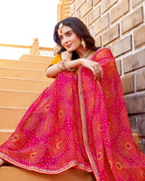 Vishal Prints Pinkish Red Printed Chiffon Bandhani Print Saree With Fancy Border