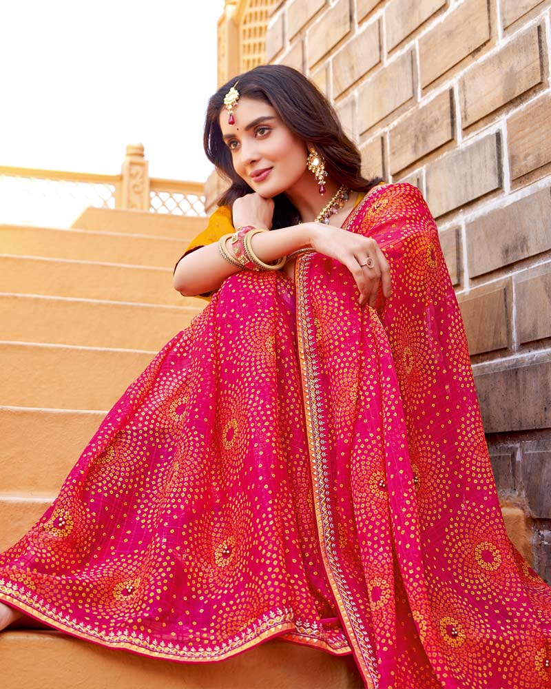 Vishal Prints Pinkish Red Printed Chiffon Bandhani Print Saree With Fancy Border