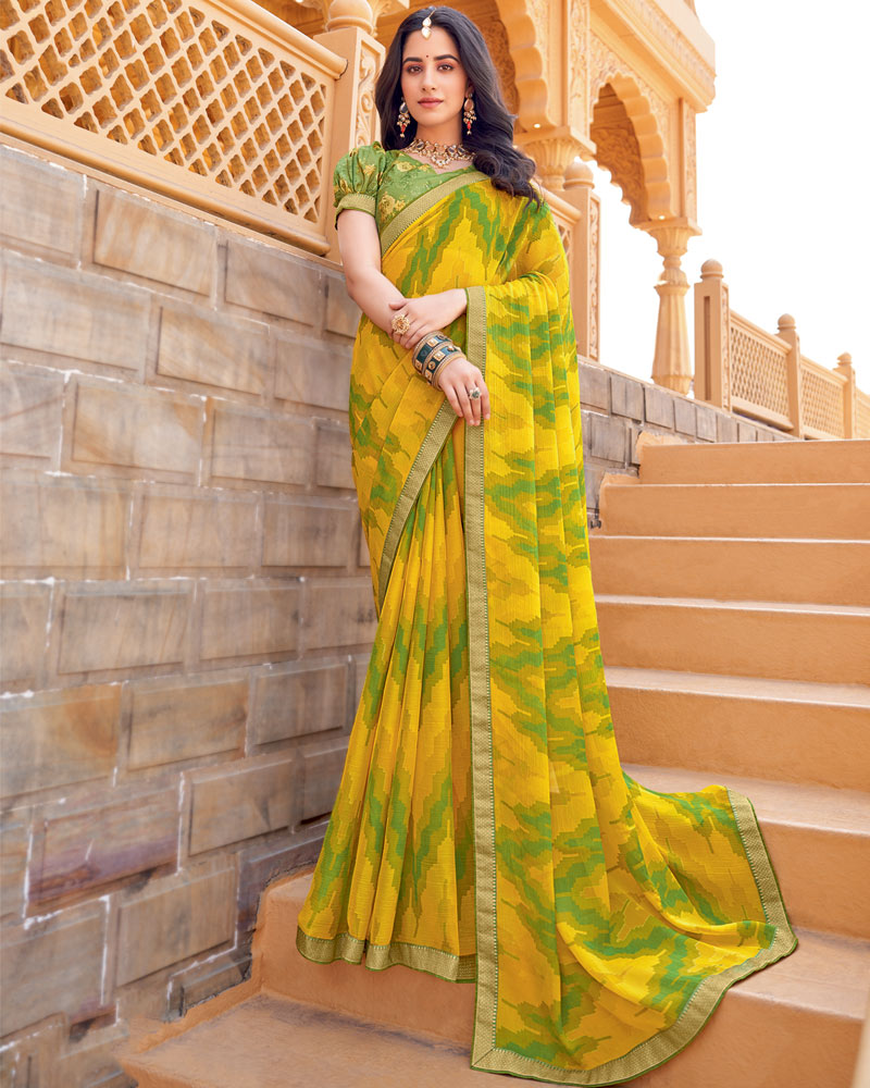 Vishal Prints Golden Yellow Printed Chiffon Saree With Zari Border