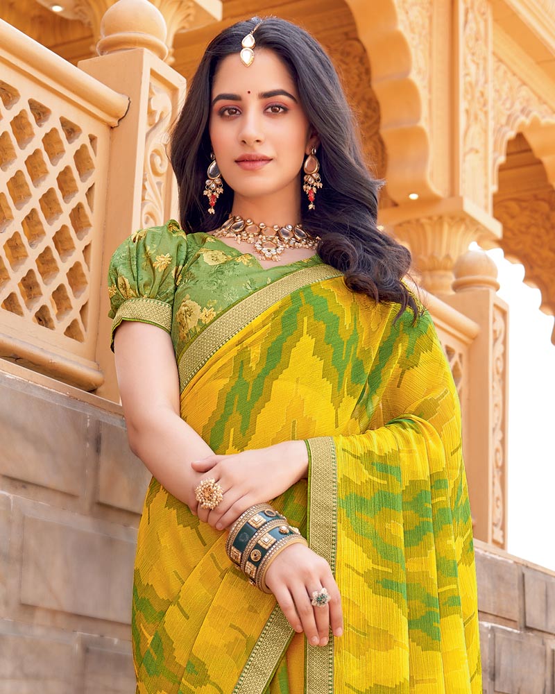Vishal Prints Golden Yellow Printed Chiffon Saree With Zari Border