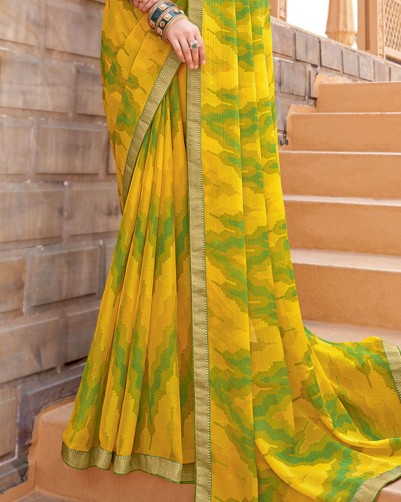 Vishal Prints Golden Yellow Printed Chiffon Saree With Zari Border