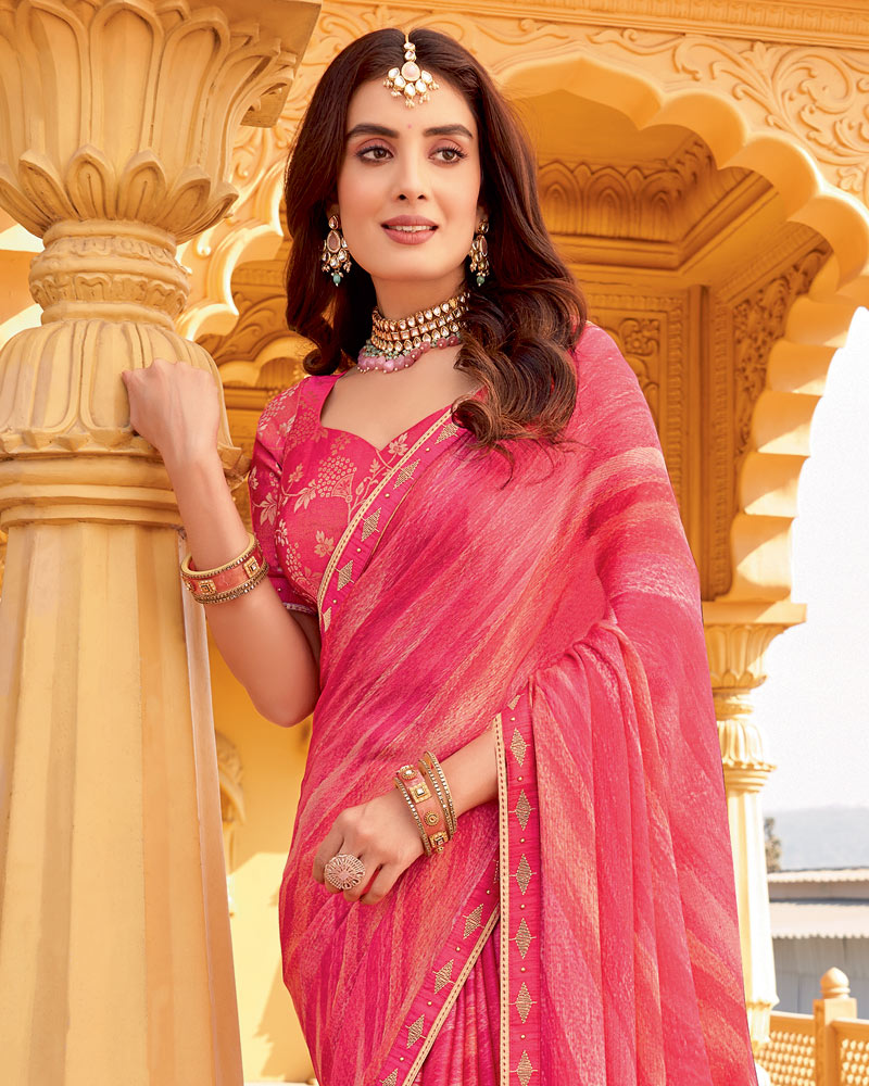 Vishal Prints Pastel Red Printed Chiffon Saree With Fancy Border