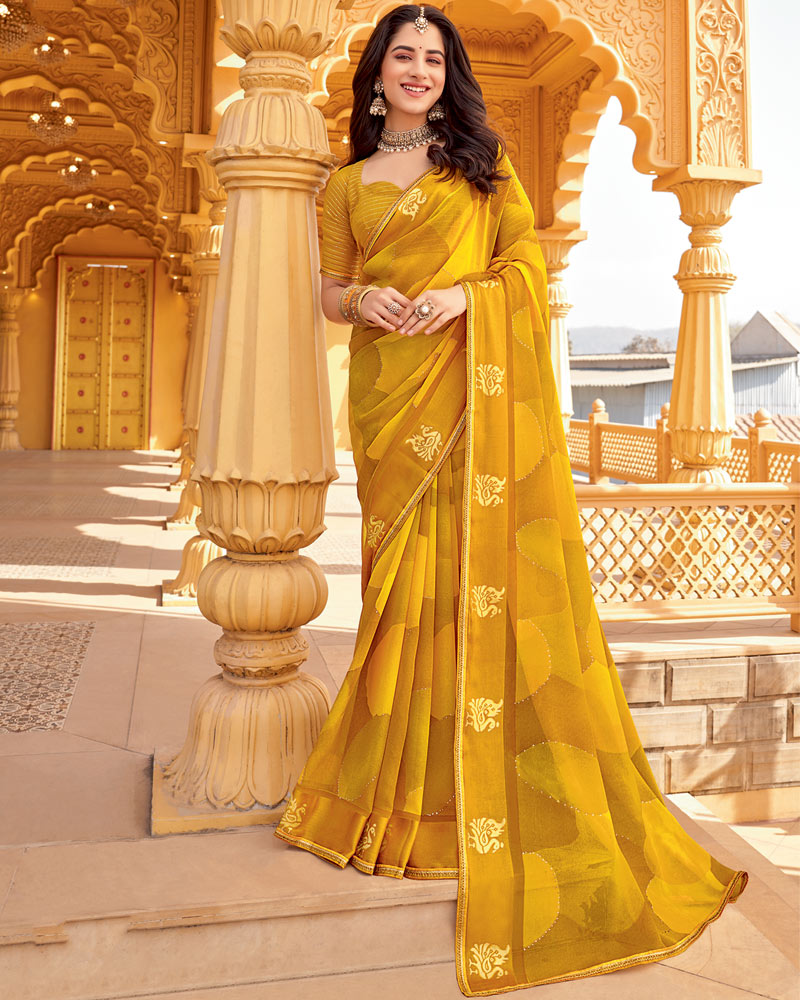 Vishal Prints Yellow Ochre Printed Chiffon Saree With Foil Print And Weaved Satin Patta Border
