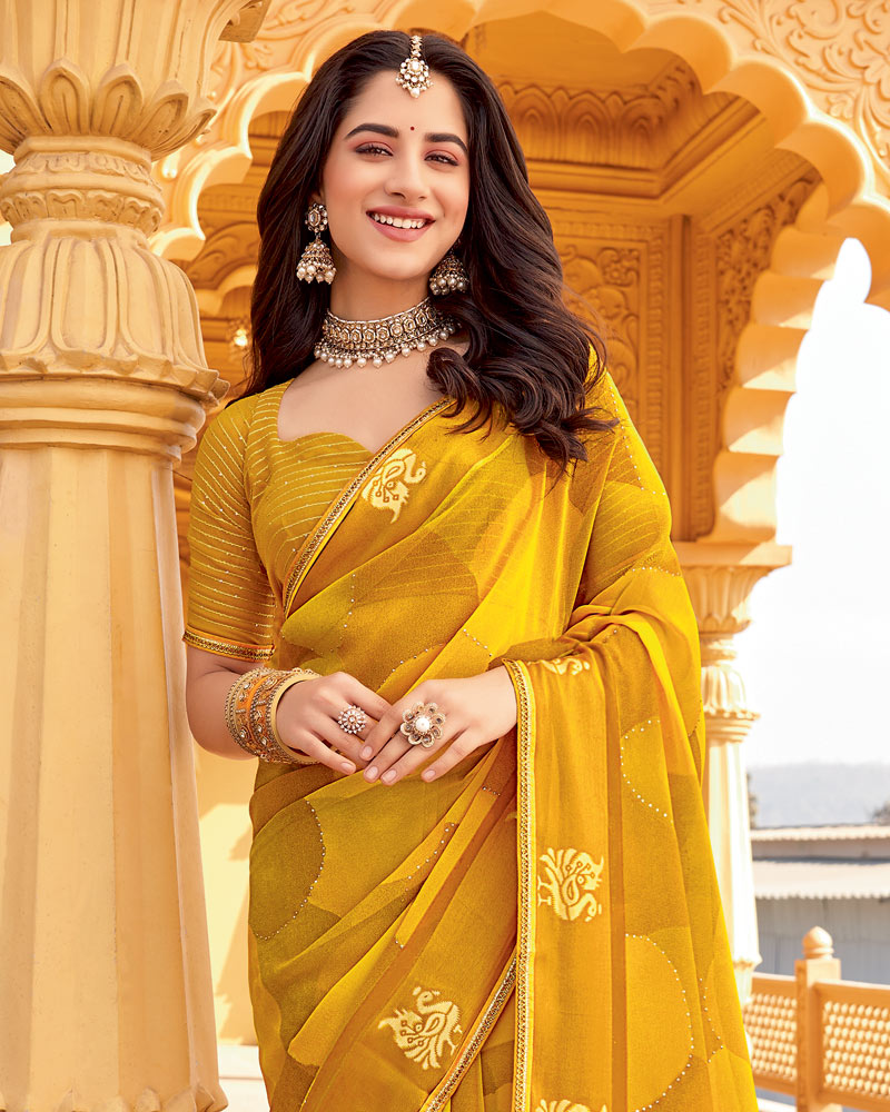 Vishal Prints Yellow Ochre Printed Chiffon Saree With Foil Print And Weaved Satin Patta Border
