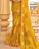 Vishal Prints Yellow Ochre Printed Chiffon Saree With Foil Print And Weaved Satin Patta Border