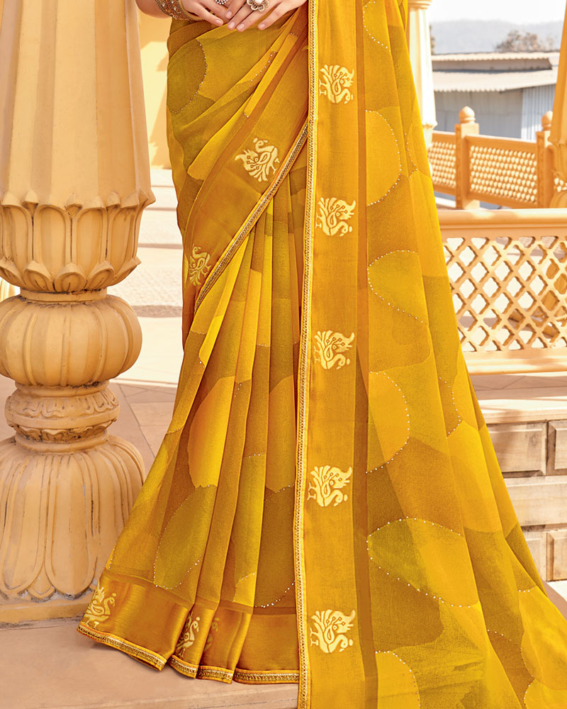 Vishal Prints Yellow Ochre Printed Chiffon Saree With Foil Print And Weaved Satin Patta Border