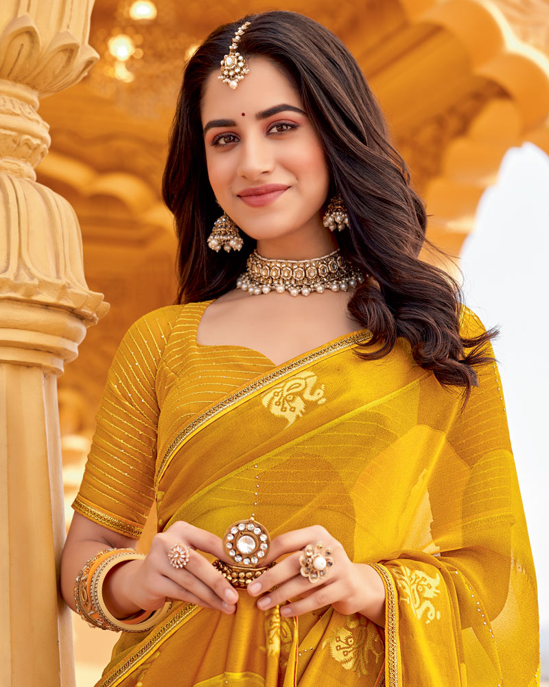 Vishal Prints Yellow Ochre Printed Chiffon Saree With Foil Print And Weaved Satin Patta Border