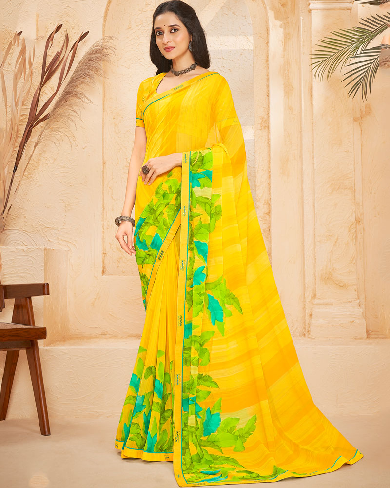Vishal Prints Dark Yellow Printed Georgette Saree With Fancy Border