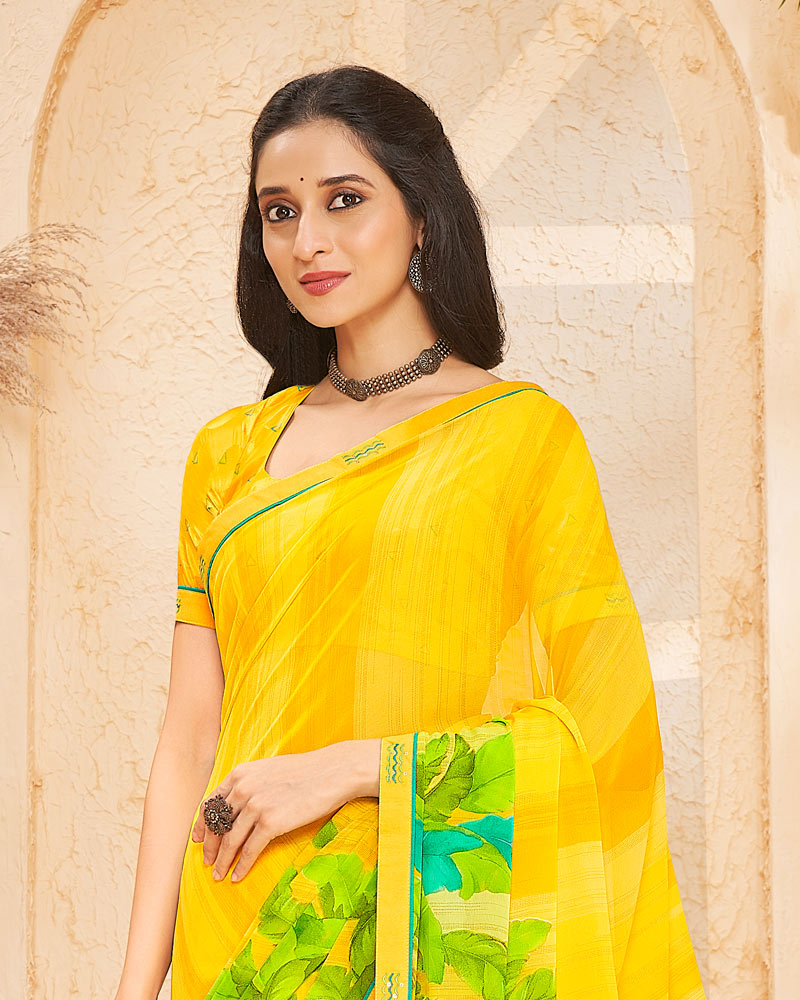 Vishal Prints Dark Yellow Printed Georgette Saree With Fancy Border