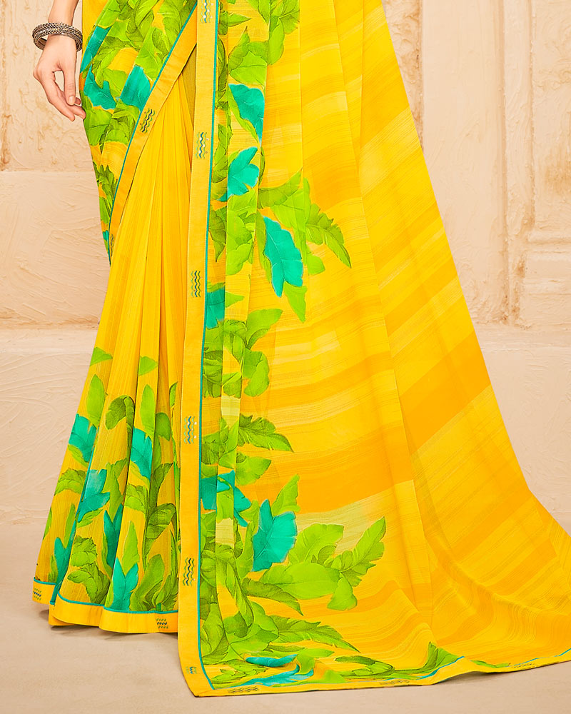 Vishal Prints Dark Yellow Printed Georgette Saree With Fancy Border