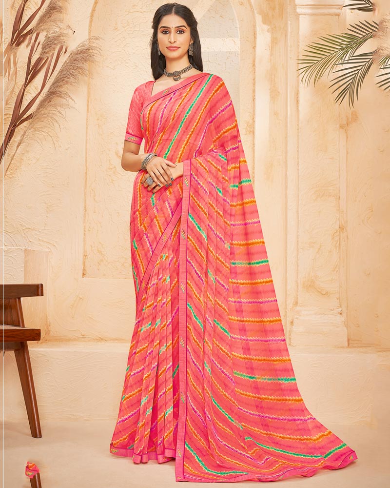 Vishal Prints Pastel Red Printed Georgette Saree With Fancy Border