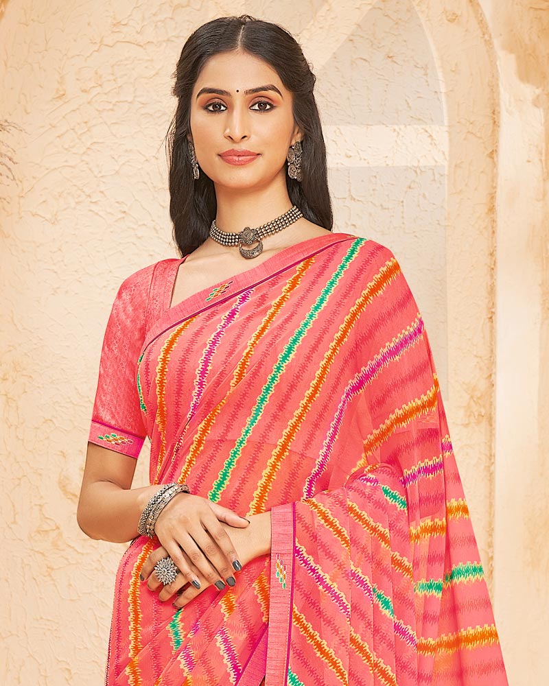 Vishal Prints Pastel Red Printed Georgette Saree With Fancy Border