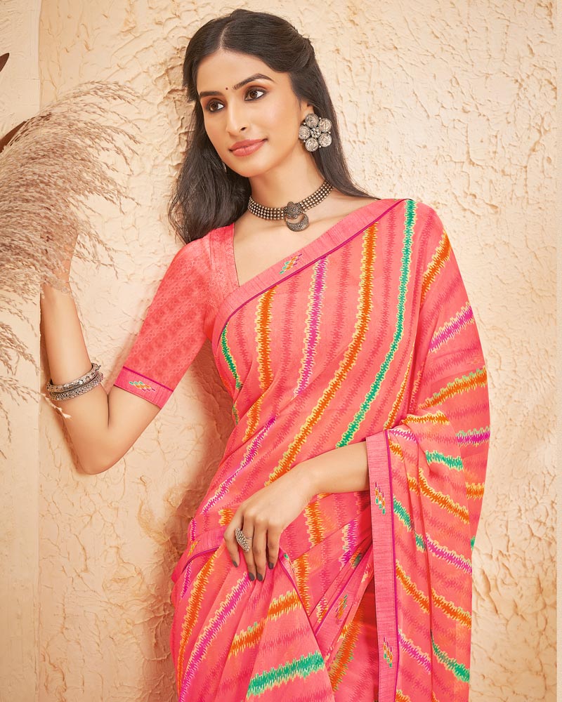 Vishal Prints Pastel Red Printed Georgette Saree With Fancy Border