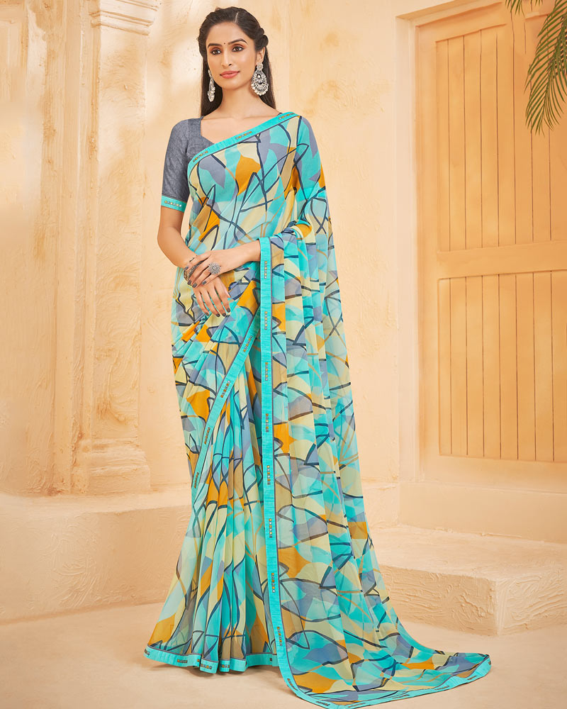 Vishal Prints Turquoise Blue Printed Georgette Saree With Fancy Border