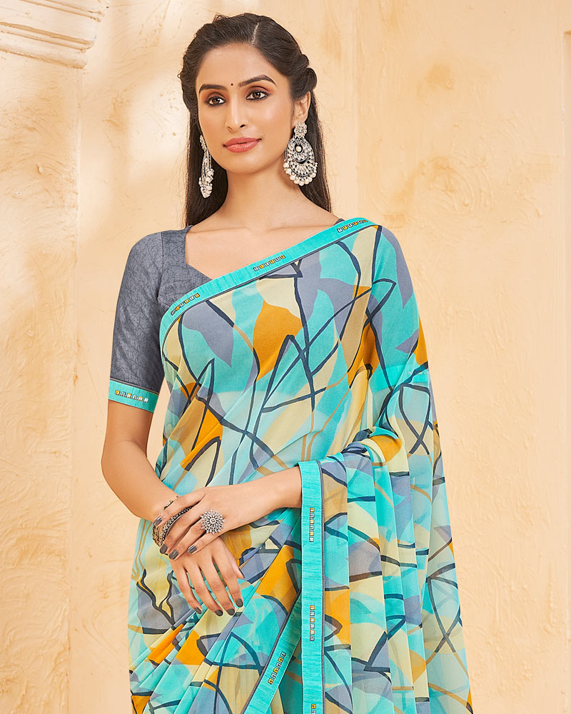 Vishal Prints Turquoise Blue Printed Georgette Saree With Fancy Border