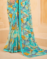 Vishal Prints Turquoise Blue Printed Georgette Saree With Fancy Border