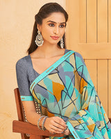 Vishal Prints Turquoise Blue Printed Georgette Saree With Fancy Border