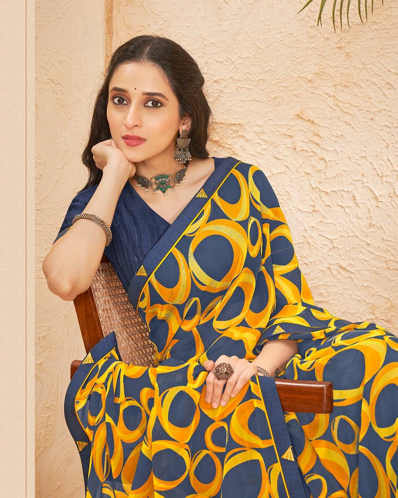 Vishal Prints Ink Blue Printed Georgette Saree With Fancy Border