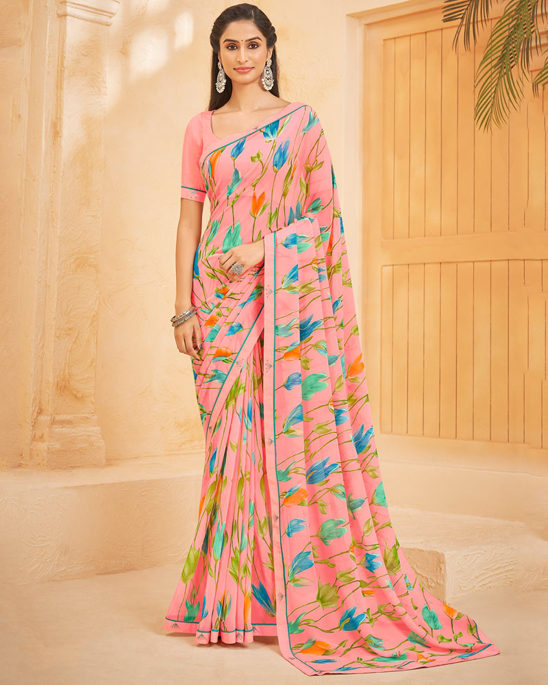 Vishal Prints Pastel Pink Printed Georgette Saree With Fancy Border