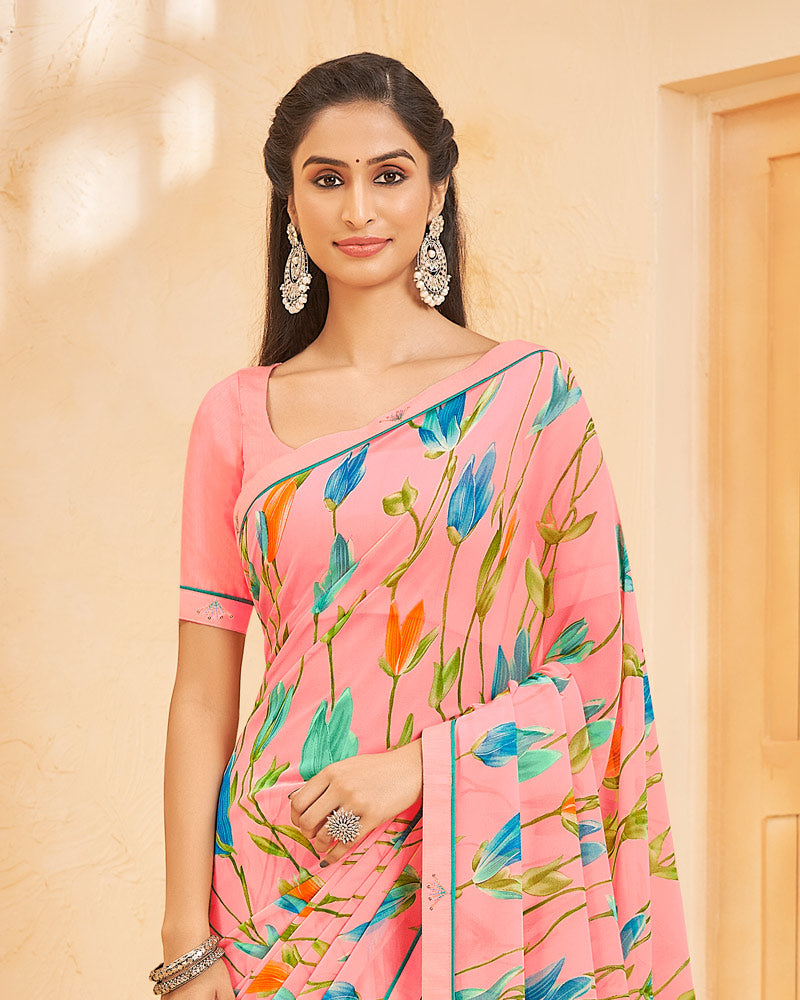 Vishal Prints Pastel Pink Printed Georgette Saree With Fancy Border
