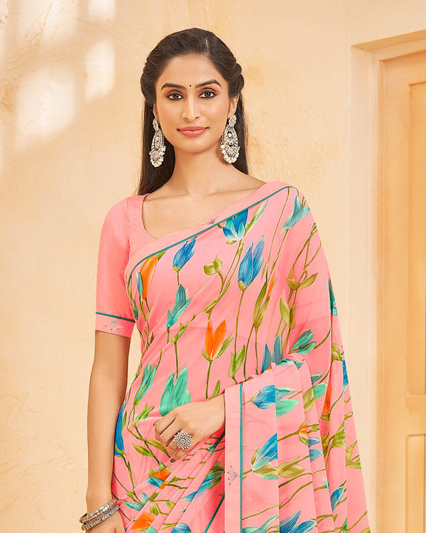 Vishal Prints Pastel Pink Printed Georgette Saree With Fancy Border