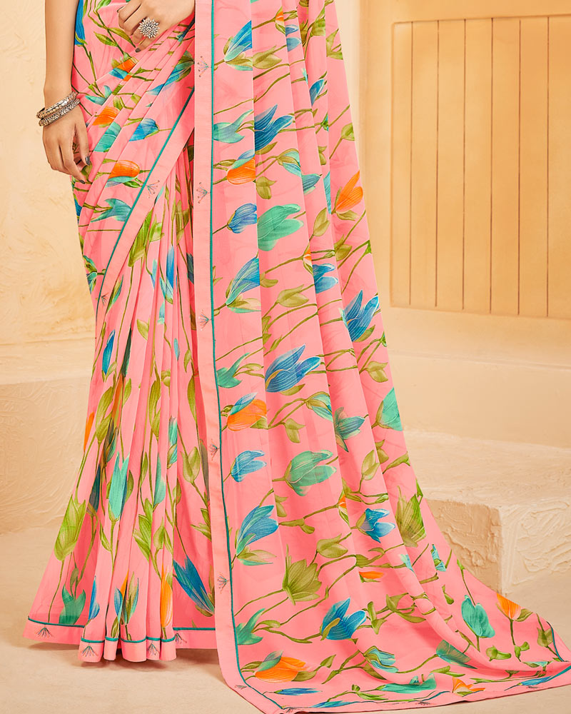 Vishal Prints Pastel Pink Printed Georgette Saree With Fancy Border
