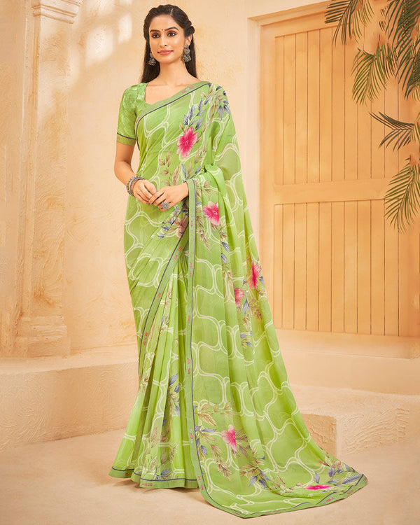 Vishal Prints Moss Green Printed Georgette Saree With Fancy Border
